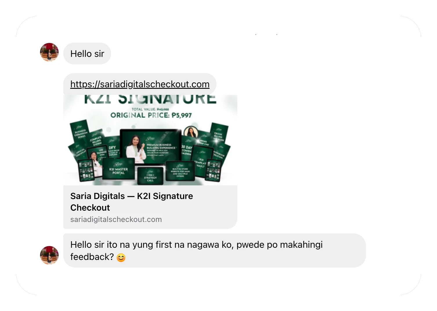Student sharing her first build, the Saria Digitals K2I Signature checkout page, and asking for feedback