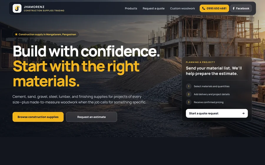 Jhamorenz Construction Supplies Trading website homepage