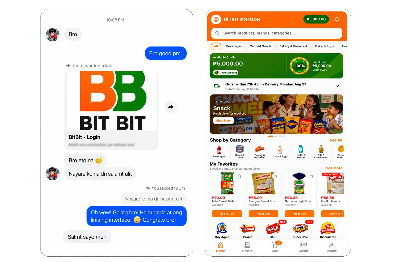 Chat with a student sharing BitBit, a grocery ordering app with credit, categories and cart