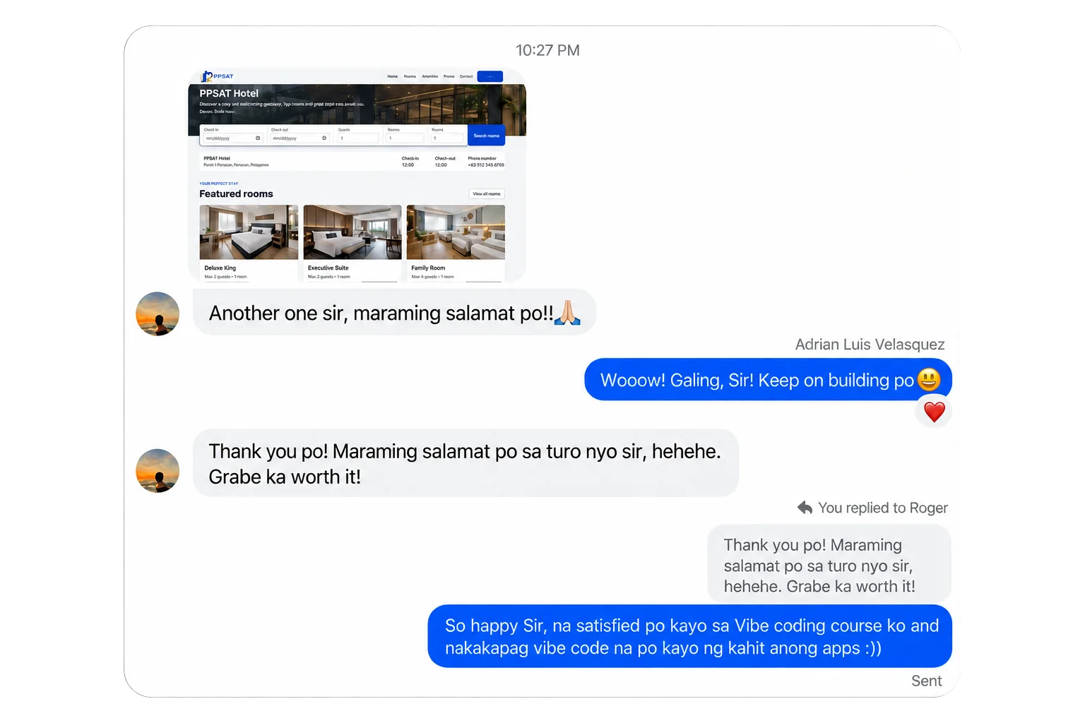 Student sharing PPSAT Hotel booking website and saying the course was worth it