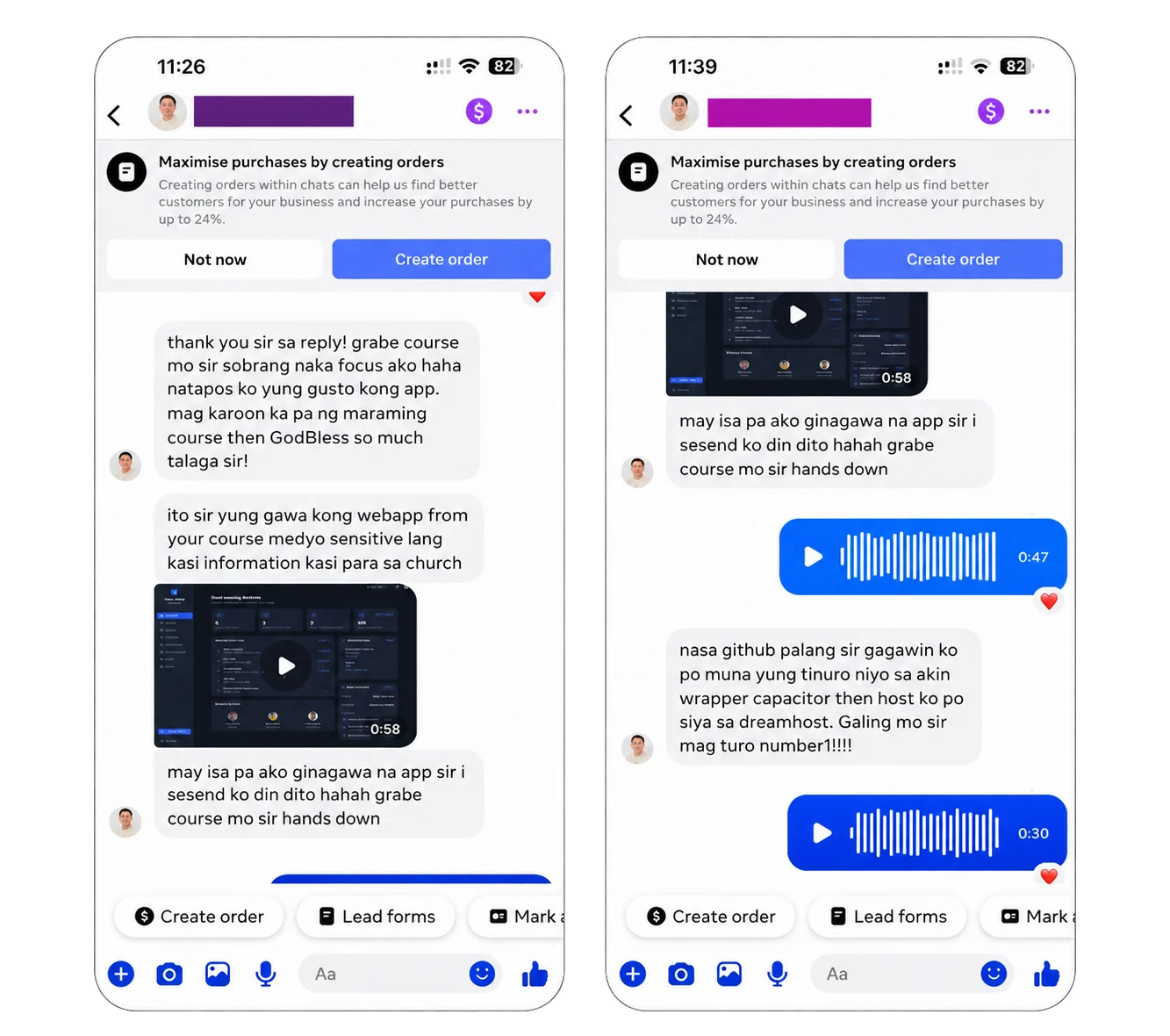 Two chat screenshots from a student who finished a church web app and is building another