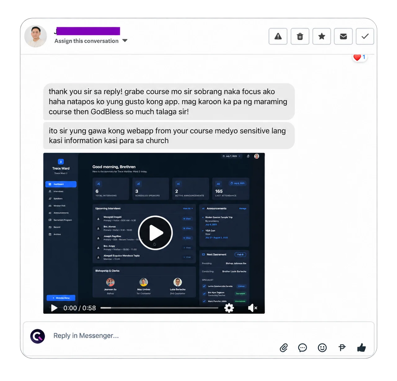 Student message with a video of a church management dashboard built from the course