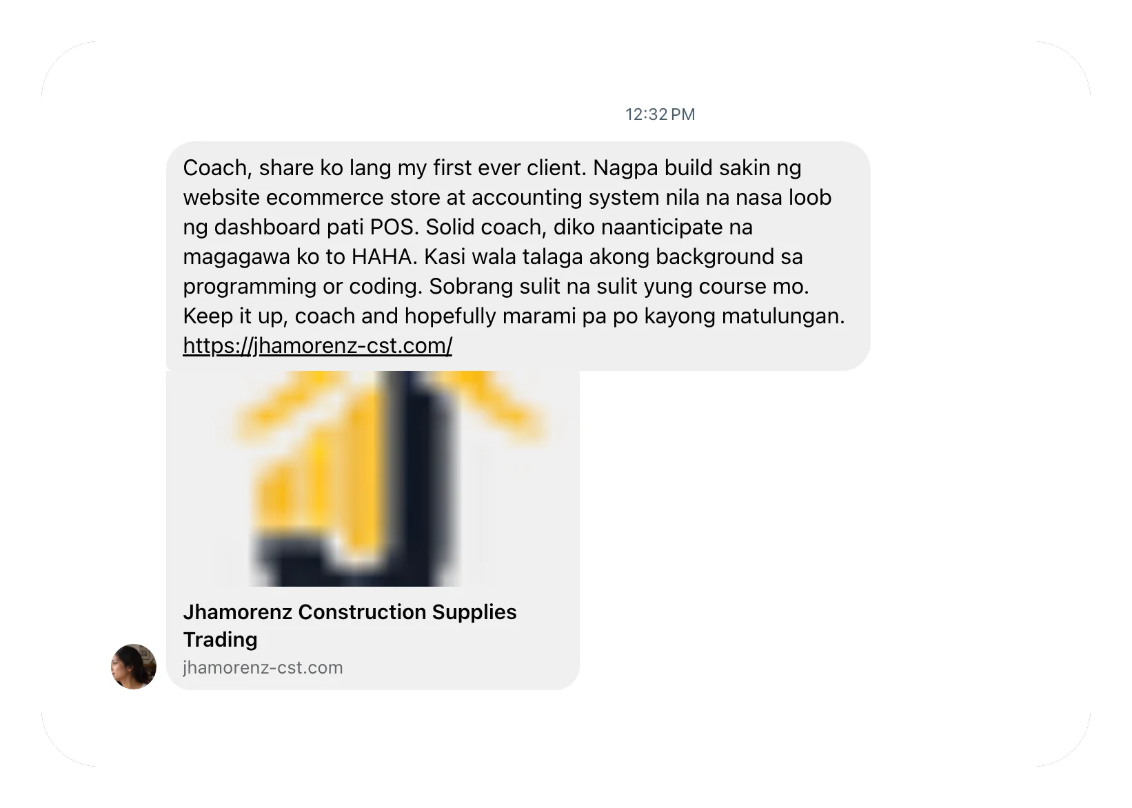 Student sharing her first client: an e-commerce store with an accounting system and POS for Jhamorenz Construction Supplies Trading