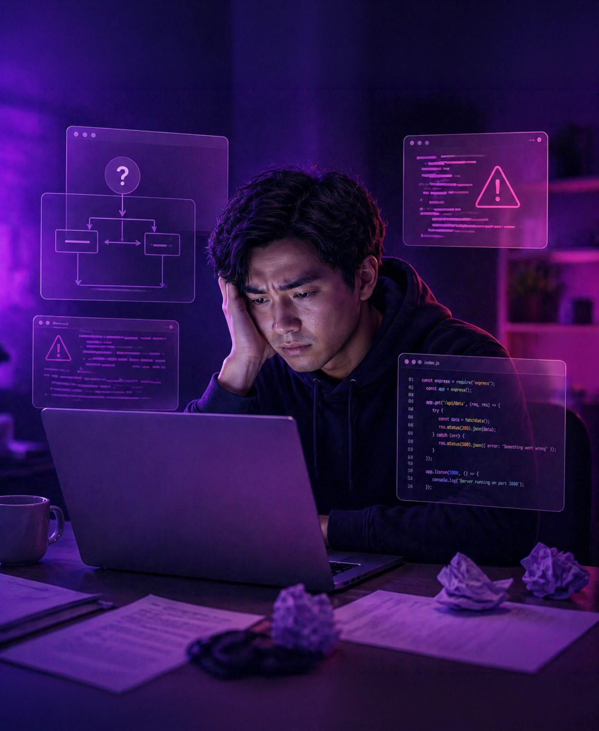 Overwhelmed person working on a laptop